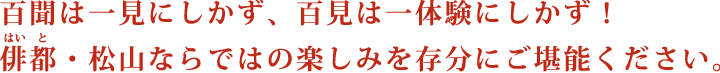 百聞は一見にしかず、百見は一体験にしかず!俳都・松山ならではの楽しみを存分にご堪能ください。